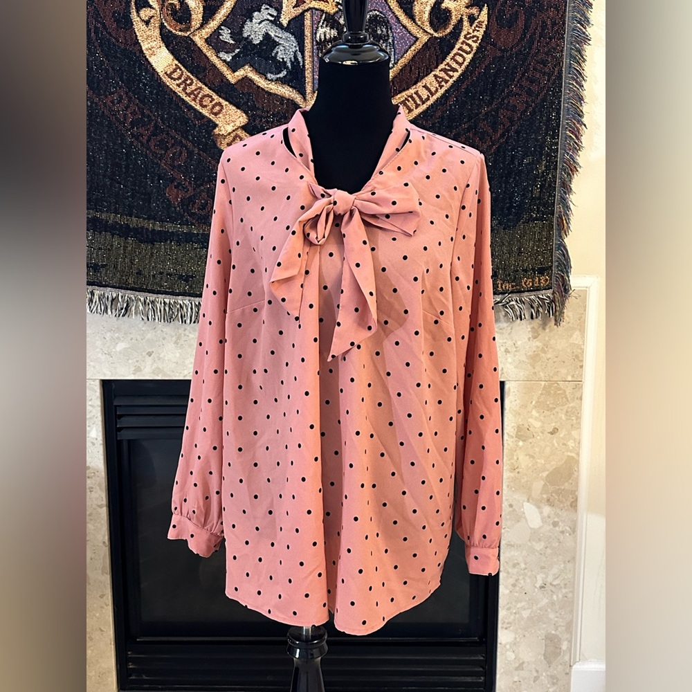 028 Lane Bryant Pink with Black Polkadot Blouse